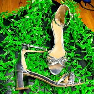 Jewel Crystal Rhinestone Embellished Strap Chunky Block Sandals Chrome Mirror